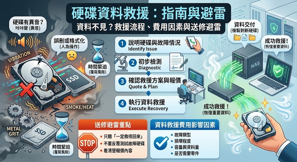 硬碟資料救援｜資料不見怎麼辦？救援流程、費用因素與送修避雷指南